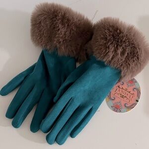 Powder - Teal Ultrasuede and Brown Faux Fur-Trimmed Gloves